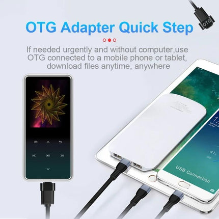 Portable Bluetooth Player for Music, Radio, and Video Playback shown connected via OTG adapter to phones and a power bank for on-the-go media playback