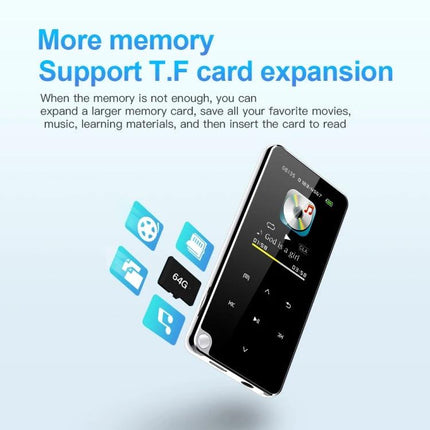 Portable Bluetooth MP3 Player for Music and Daily Entertainment with TF card expansion, compact black player showing music icons and 64G card