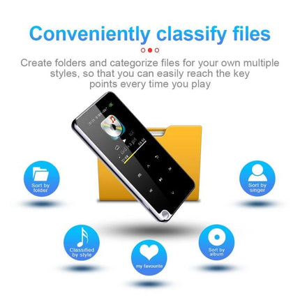Portable Bluetooth MP3 Player for Music and Daily Entertainment - compact black player with folder icons for sorting files, playlists, and language practice