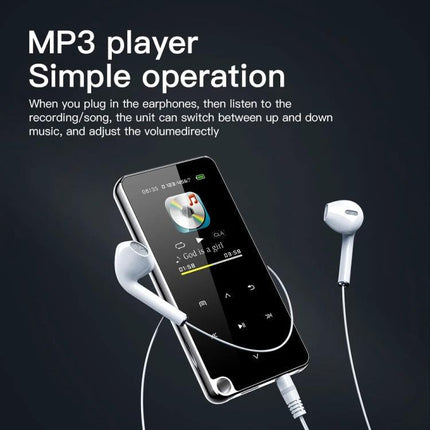 Portable Bluetooth MP3 Player for Music and Daily Entertainment shown with earbuds and playback screen for travel and study