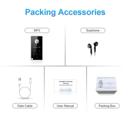 Portable Bluetooth MP3 Player for Music and Daily Entertainment with earphones, data cable, user manual and packing box shown