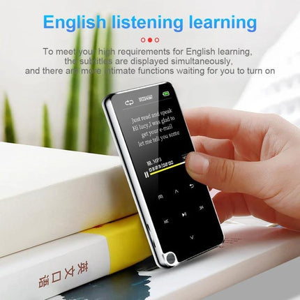 Portable Bluetooth MP3 Player for Music and Daily Entertainment in hand showing English listening learning screen and compact design