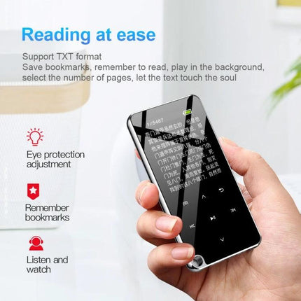 Portable Bluetooth MP3 Player for Music and Daily Entertainment in hand showing reading mode, compact design for students and commuters