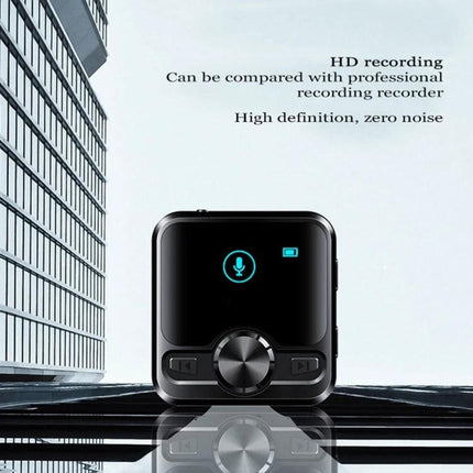 Portable MP3 Player with Bluetooth and Voice Recording compact black device showing voice recording icon and HD recording text