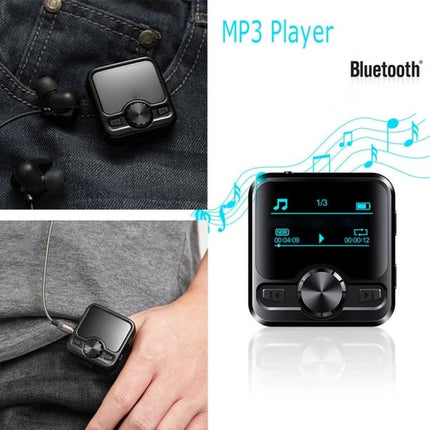 Portable MP3 Player with Bluetooth and Voice Recording compact black clip-on MP3 player showing screen, controls and earphones for commuters and students
