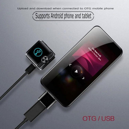 Portable MP3 Player with Bluetooth and Voice Recording connecting via OTG USB to Android phone and tablet, compact music and voice recorder