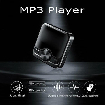 Portable MP3 Player with Bluetooth and Voice Recording compact black device for music, FM radio, voice notes and language learning