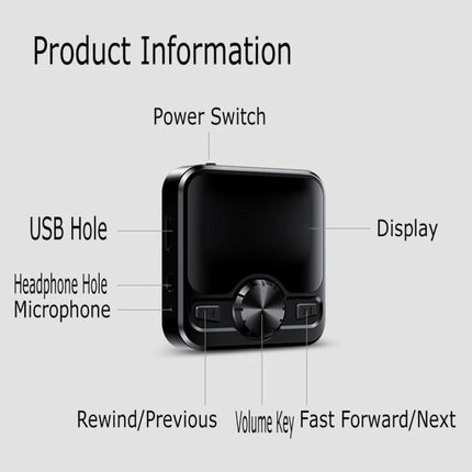Portable MP3 Player with Bluetooth and Voice Recording showing labeled ports and controls (power switch, display, USB, headphone/microphone, rewind, volume, fast forward)