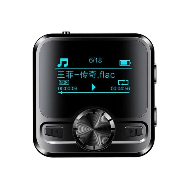 Portable MP3 Player with Bluetooth and Voice Recording compact black device showing FLAC playback on screen