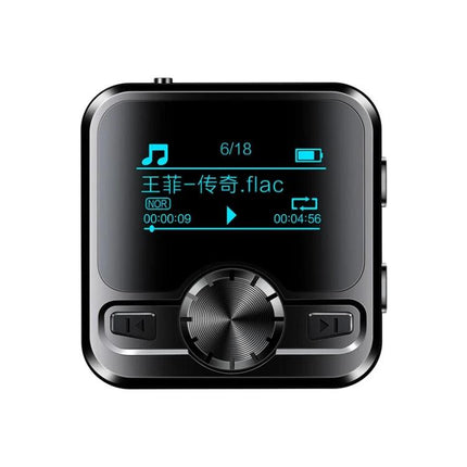 Portable MP3 Player with Bluetooth and Voice Recording compact black square MP3 player showing FLAC playback screen and control dial