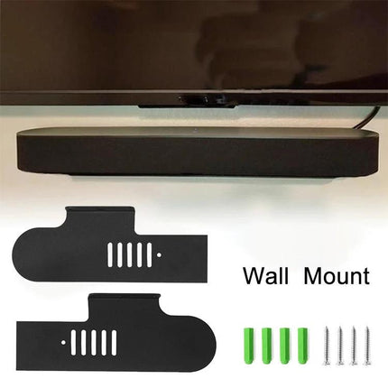 Soundbar Wall Mount For Living Room Low Profile Mount shown installed under TV with black adjustable split bracket