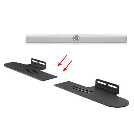 Soundbar Wall Mount For Living Room Low Profile Mount shown installed under TV with adjustable split brackets