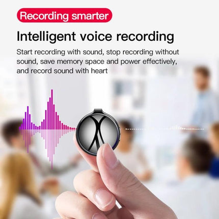 Handy Voice Recorder for Everyday Notes and Conversations shown as compact round recorder held between fingers in a classroom setting