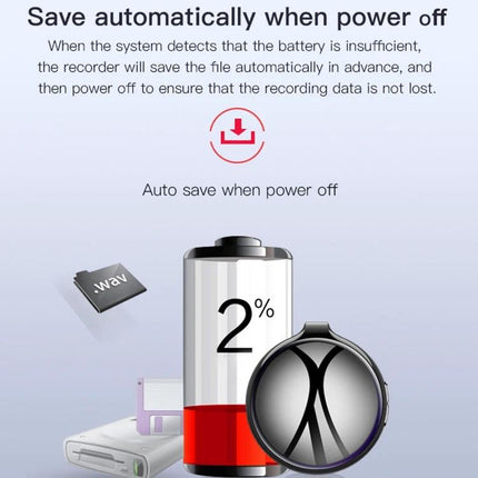Handy Voice Recorder for Everyday Notes and Conversations showing automatic save on low battery with 2% battery icon