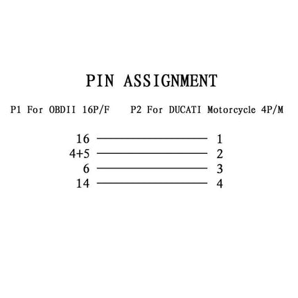 Essential OBD Cable for Ducati Owners' Daily Vehicle Checks - diagram showing OBDII 16P to Ducati 4P pin assignment (16→1, 4+5→2, 6→3, 14→4)