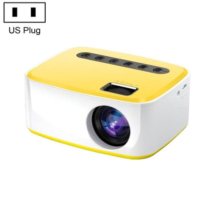Portable LED Projector for Home Entertainment Viewing showing compact yellow-white projector with lens, USB/HDMI ports and US plug compatibility