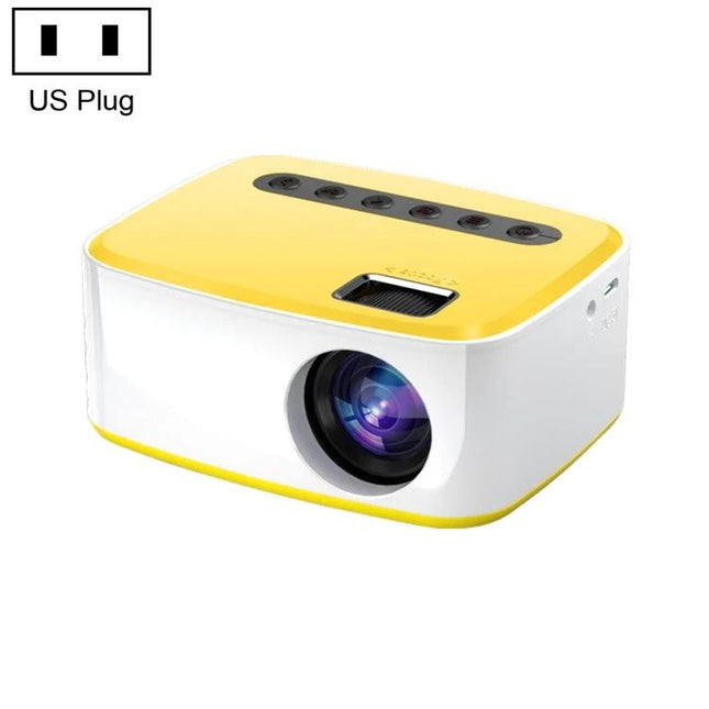 Portable LED Projector for Home Entertainment Viewing showing compact yellow-white projector with lens, USB/HDMI ports and US plug compatibility