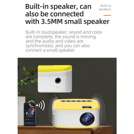 Portable LED Projector for Home Entertainment Viewing with built-in speaker and 3.5mm audio jack, yellow-white portable projector on table