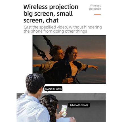 Portable LED Projector for Home Entertainment Viewing showing wireless projection streaming movie on large wall with phone connectivity