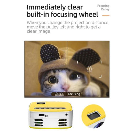 Portable LED Projector for Home Entertainment Viewing showing built-in focusing wheel and clear image example