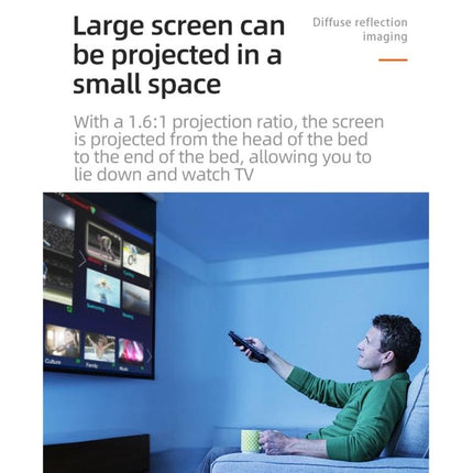Portable LED Projector for Home Entertainment Viewing showing a man relaxing on a couch projecting a large screen in a small room