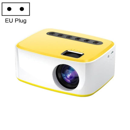Portable LED Projector for Home Entertainment Viewing - compact yellow-white projector with lens, HDMI/USB ports, wireless support for family movie nights