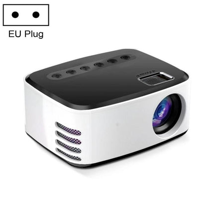 Portable LED Projector for Home Entertainment Viewing compact white-black unit with lens, HDMI/USB ports and EU plug icon