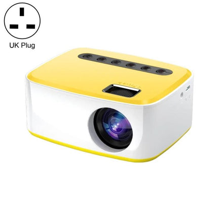 Portable LED Projector for Home Entertainment Viewing small yellow-white portable projector with UK plug, HDMI USB and wireless connectivity, 400-inch screen