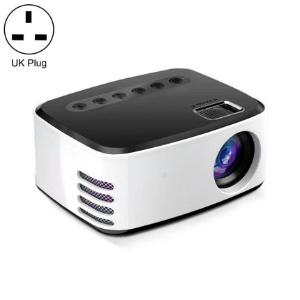 Portable LED Projector for Home Entertainment Viewing - compact white and black portable projector with lens, ventilation and UK plug shown