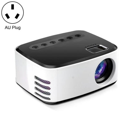 Portable LED Projector for Home Entertainment Viewing compact white and black unit with lens, HDMI/USB ports and AU plug icon