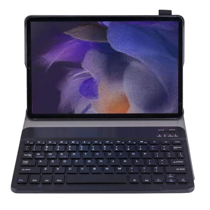 Ultra-Thin Bluetooth Keyboard Leather Case for Samsung Galaxy Tab A8 2021 - black folio with detachable keyboard and tablet on display
