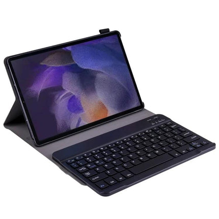 Ultra-Thin Bluetooth Keyboard Leather Case for Samsung Galaxy Tab A8 2021 shown open with detachable Bluetooth keyboard and tablet stand