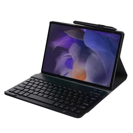Ultra-Thin Bluetooth Keyboard Leather Case for Samsung Galaxy Tab A8 2021 shown with detachable keyboard and pen in folio stand, slim protective design
