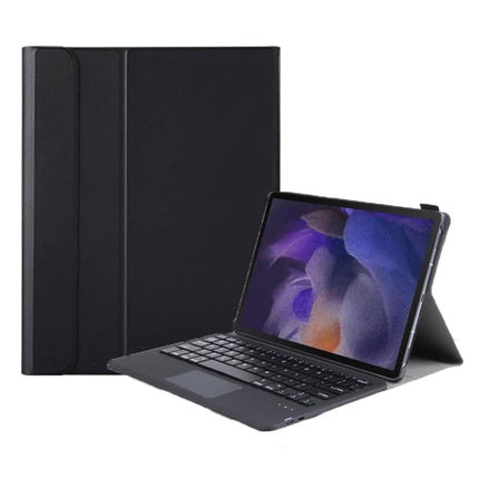 Leather Protective Case with Bluetooth Keyboard for Samsung Galaxy Tab A8 2021 shown in black with detachable keyboard, stand and protective folio cover