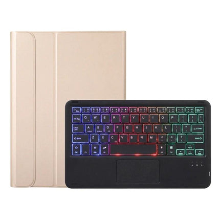 Ultra-Thin Bluetooth Keyboard Case with Touchpad for Samsung Galaxy Tab A8 2021 shown in gold with RGB backlit keyboard and integrated touchpad