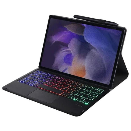 Ultra-Thin Bluetooth Keyboard Case with Touchpad for Samsung Galaxy Tab A8 2021 showing slim case, backlit Bluetooth keyboard and tablet stand