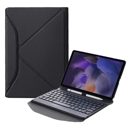 BA08 Bluetooth Keyboard Leather Case for Samsung Galaxy Tab A8 shown open with detachable keyboard and stylus slot in black protective folio