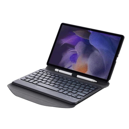 BA08 Bluetooth Keyboard Leather Case for Samsung Galaxy Tab A8 shown open with detachable keyboard and stylus for portable typing and protection