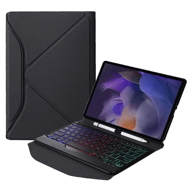 Bluetooth Keyboard Leather Case for Samsung Galaxy Tab A8 with Backlight shown in black with backlit keys and stylus slot, protective leather folio for travel