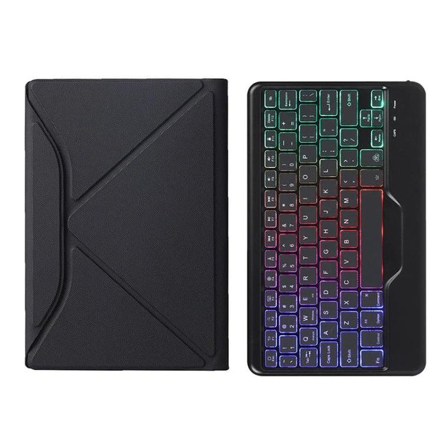 Bluetooth Keyboard Leather Case for Samsung Galaxy Tab A8 with Backlight shown open with multicolor backlit keys and protective black leather cover