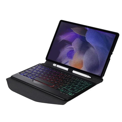 Bluetooth Keyboard Leather Case for Samsung Galaxy Tab A8 with Backlight showing backlit keyboard, stylus holder and protective leather cover