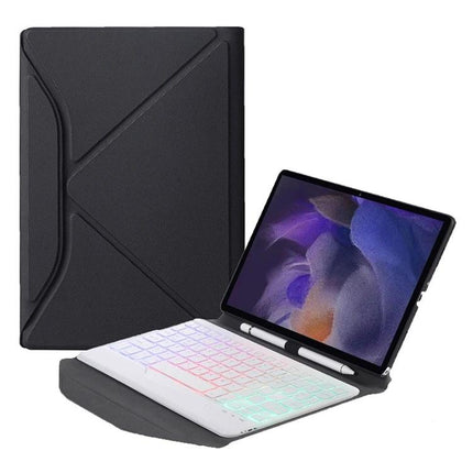 Bluetooth Keyboard Leather Case for Samsung Galaxy Tab A8 with Backlight shown open with backlit keyboard and stylus slot