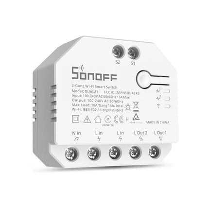 Sonoff Dual Control WiFi Smart Switch for Home Appliances mounted on DIN rail showing input/output terminals and compact white housing