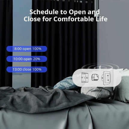 Sonoff Dual Control WiFi Smart Switch for Home Appliances shown scheduling blinds to open/close with app remote control on a bedroom scene