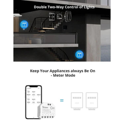 Sonoff Dual Control WiFi Smart Switch for Home Appliances mounted on DIN rail showing app remote control and energy meter mode