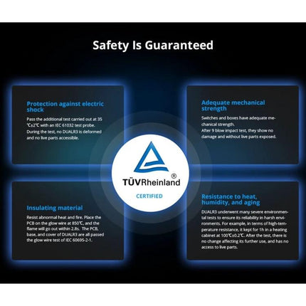 Sonoff Dual Control WiFi Smart Switch for Home Appliances - TÜV Rheinland certified safety and insulation features on DIN rail mount