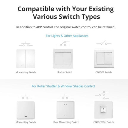 Sonoff Dual Control WiFi Smart Switch for Home Appliances showing compatibility with momentary, rocker and ON/OFF switches and roller shutter controls