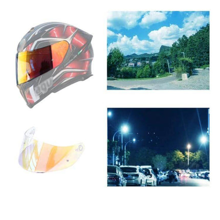 Motorcycle Helmet Visor Anti UV Shield For Everyday Riding shown with helmet and daytime/nighttime road views, anti-fog anti-scratch flexible replacement