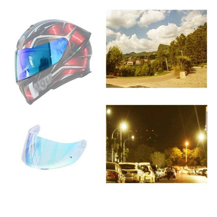 Motorcycle Helmet Visor Anti UV Shield For Everyday Riding shown on helmet and standalone visor protecting eyes in day and night conditions