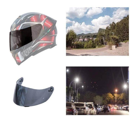 Motorcycle Helmet Visor Anti UV Shield For Everyday Riding showing helmet, visor, daytime and nighttime road views